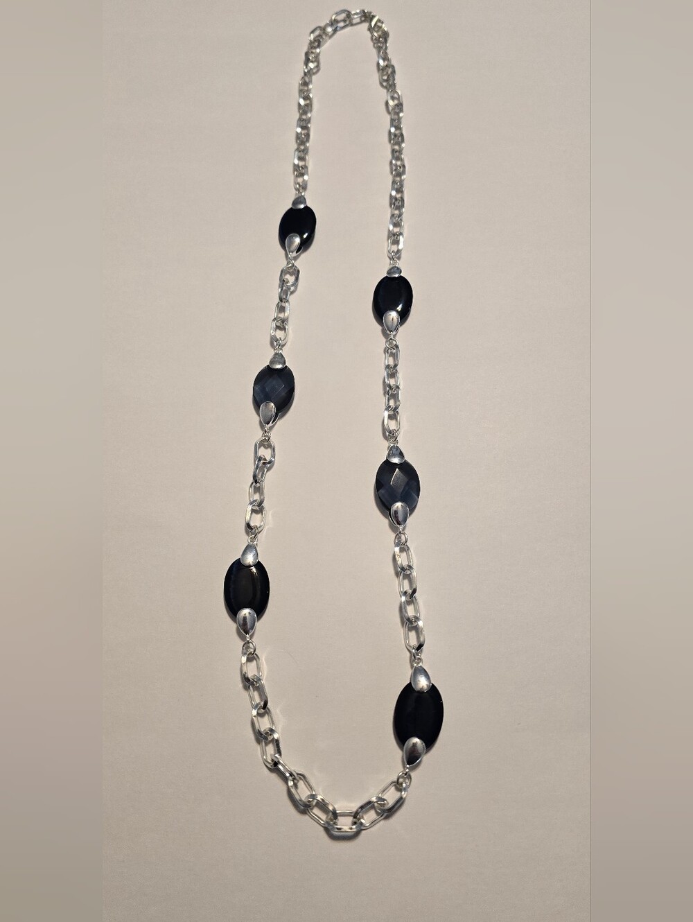 Long Silver Chain Necklace with Black Resin Accents